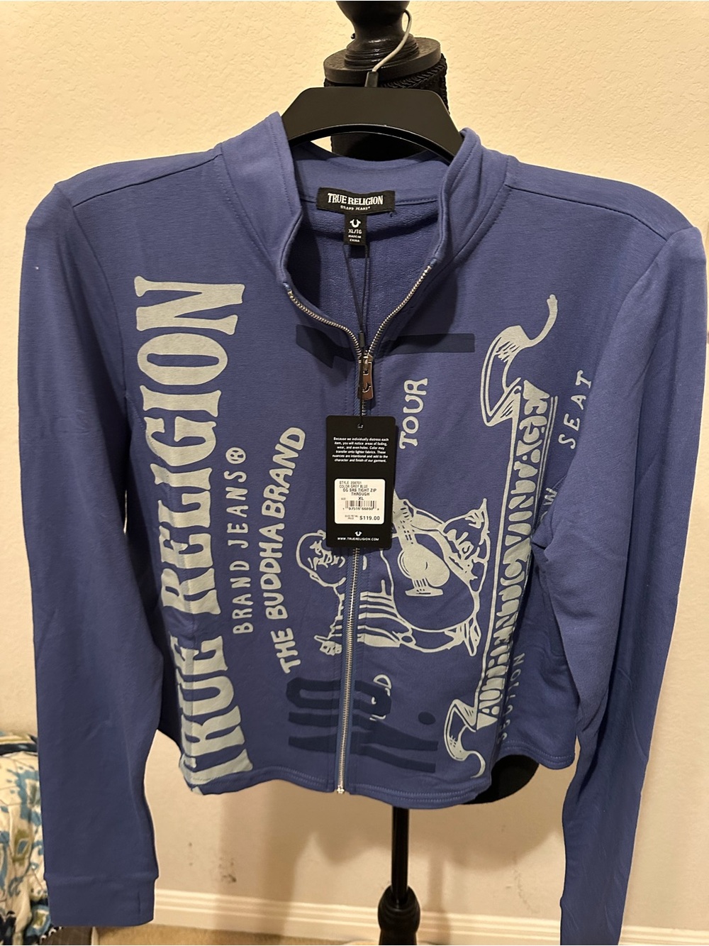 True Religion Sporty World Tour Buddha Zip Up Periwinkle Jacket. Size XL. NWT